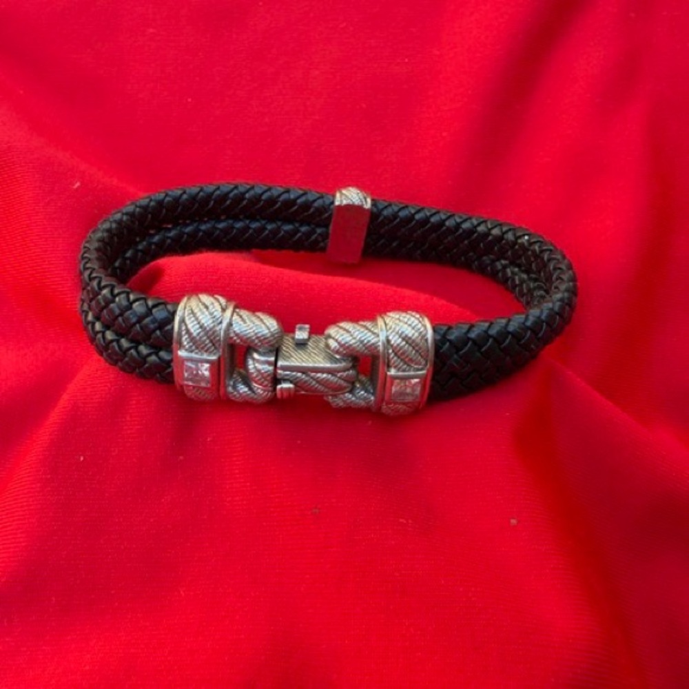 Vintage Judith Ripka 925 Silver double -row black leather braided bracelet